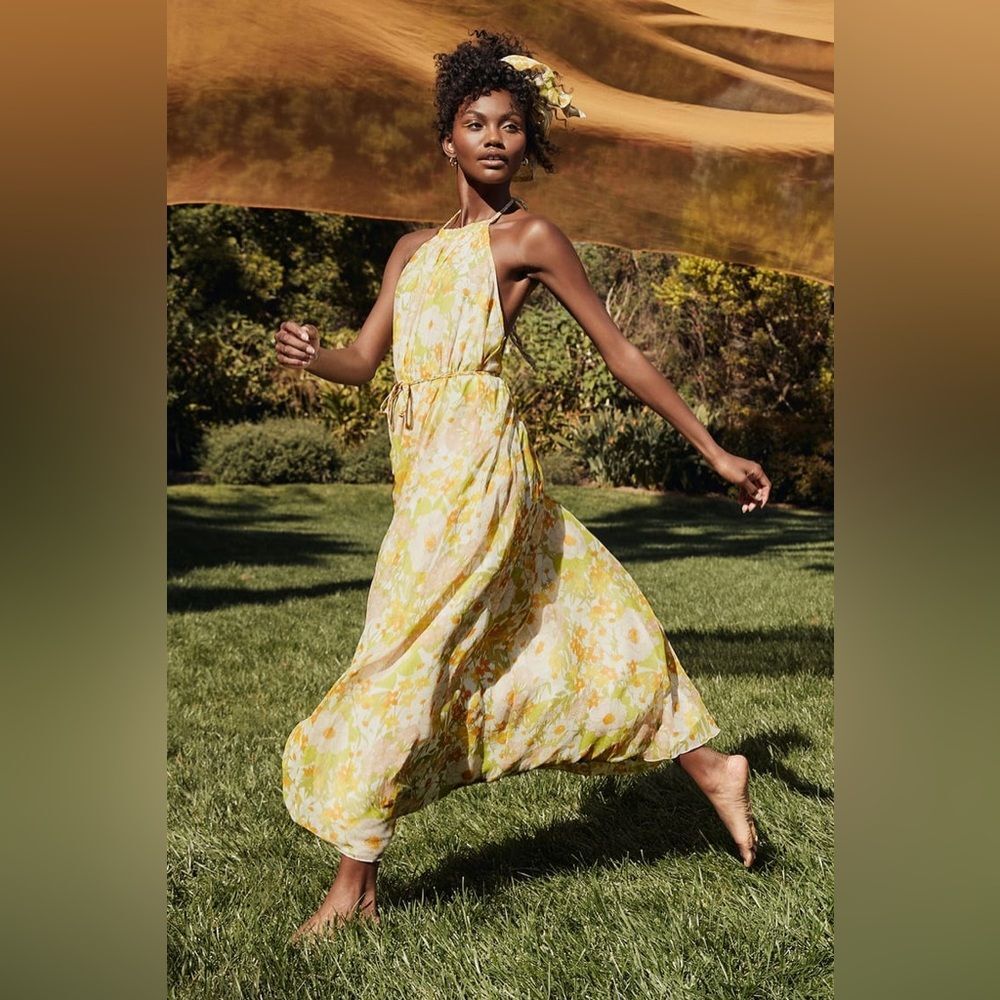 NWT Lulus Feeling Splendid Yellow and Green Floral Print Halter Maxi Dress L